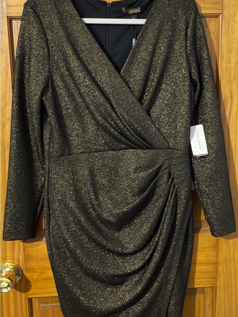Alexia Admor Metallic Black Wrap-Front Long Sleeve Dress